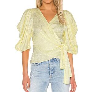 Krisa Women's Puff Sleeve Wrap Top Yellow Blouse Size S Casual Spring
